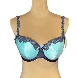 NWT Elle Macpherson Bra Sz.36DD Blue Satin Gray Lace Underwire Sexy Lingerie